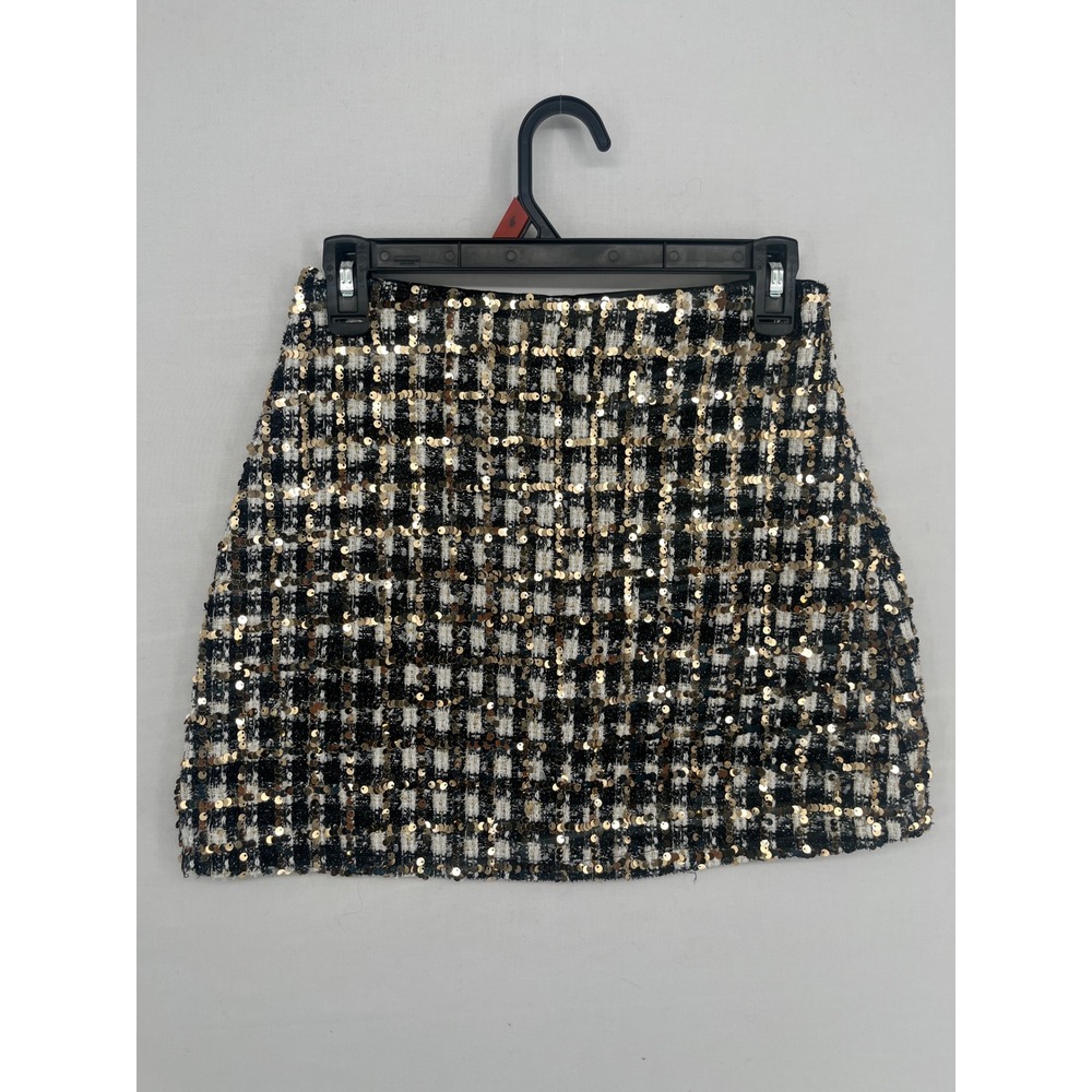 Lulus Sequin Plaid Mini Skirt Gold Black White Tweed Holiday Party Size XS